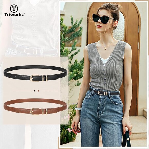 2 Pack Women\'s Skinny Leather Belts Black Dark Brown Thin Faux with Gold Buckle main image 6